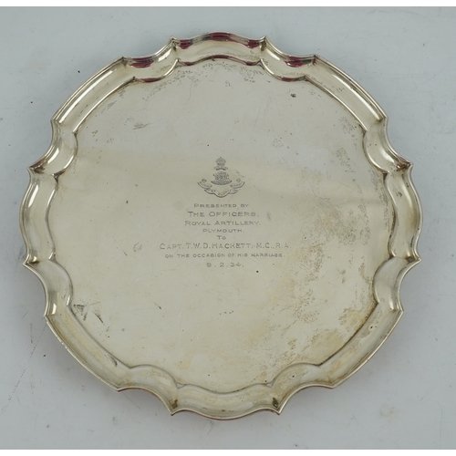 83 - A George V silver salver, by James Dixon & Sons, with engraved inscription relating to the marriage ... 