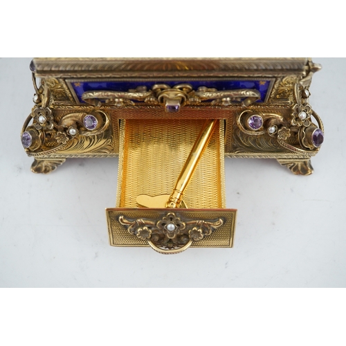 90 - A late Karl Griesbaum Model 17 silver gilt, blue enamel, amethyst and cultured pearl set automaton s... 