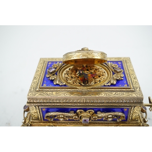 90 - A late Karl Griesbaum Model 17 silver gilt, blue enamel, amethyst and cultured pearl set automaton s... 