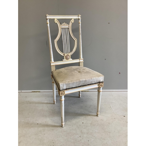 1035 - A set of eight Empire style painted lyre back chairs, width 43cm, height 99cm. Condition - fair... 