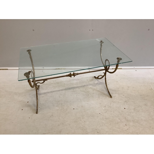 1073 - A rectangular gilt metal glass top coffee table, width 79cm, depth 46cm, height 40cm, together with ... 