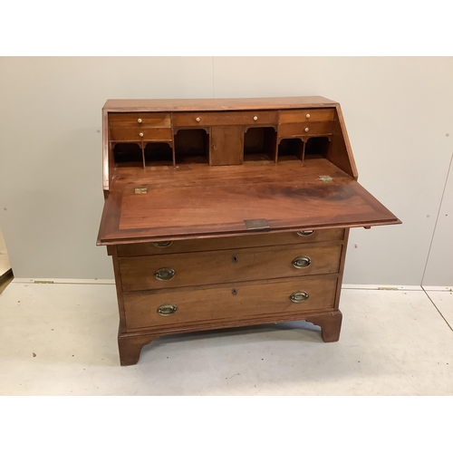 1081 - A George III mahogany bureau, width 98cm, depth 52cm, height 107cm. Condition - poor to fair