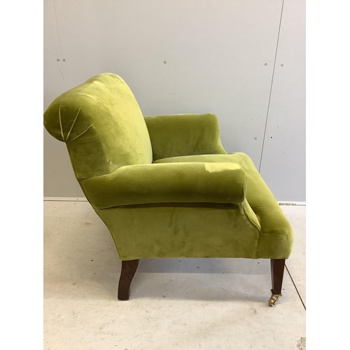 1093 - A Howard style green upholstered armchair, width 90cm, depth 80cm, height 84cm. Condition - fair to ... 