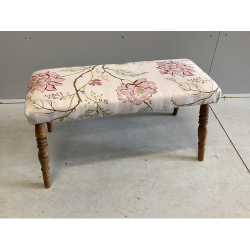 1095 - A Louis XVI style elbow chair and associated footstool upholstered in Voyage? fabric, chair width 65... 