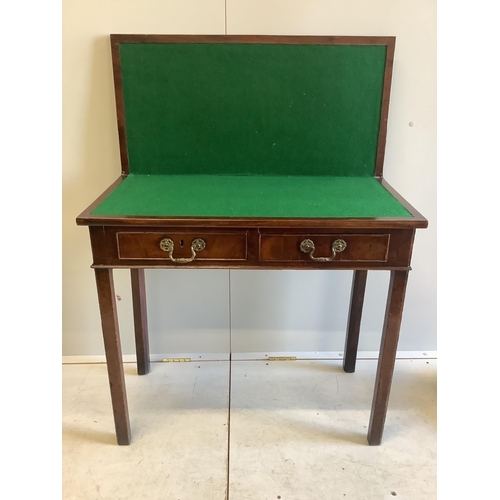 1097 - A George III rectangular mahogany folding card table, width 84cm, depth 41cm, height 76cm. Condition... 