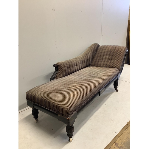 1111 - A Regency cut brass inlaid chaise longue, width 186cm, depth 54cm, height 75cm. Condition - fair... 