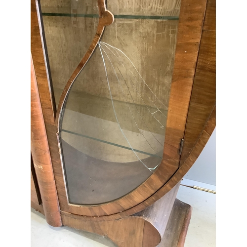 1119 - An Art Deco walnut display cabinet, width 98cm, depth 32cm, height 142cm. Condition - poor, one glas... 