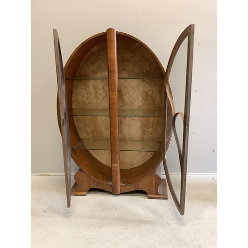 1119 - An Art Deco walnut display cabinet, width 98cm, depth 32cm, height 142cm. Condition - poor, one glas... 