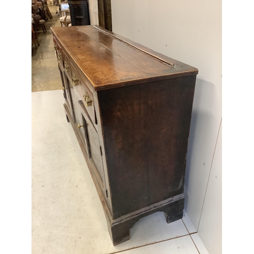 1134 - An 18th century oak low dresser, width 154cm, depth 42cm, height 90cm. Condition - fair