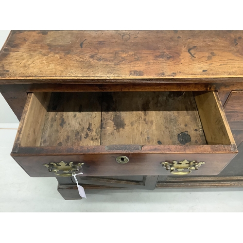 1134 - An 18th century oak low dresser, width 154cm, depth 42cm, height 90cm. Condition - fair