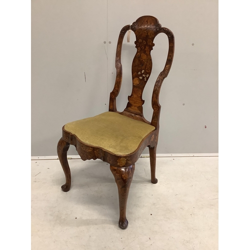 1152 - An 18th century Dutch marquetry inlaid dining chair, width 51cm, depth 41cm, height 106cm. Condition... 