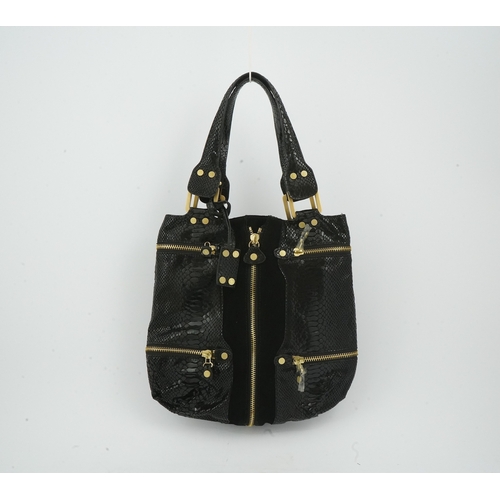 1256 - A vintage Jimmy Choo black snakeskin and elasticated material handbag with zip detail.