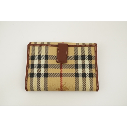 1264 - A Burberry brown tartan scarf, sunglasses with case and wallet with original box.