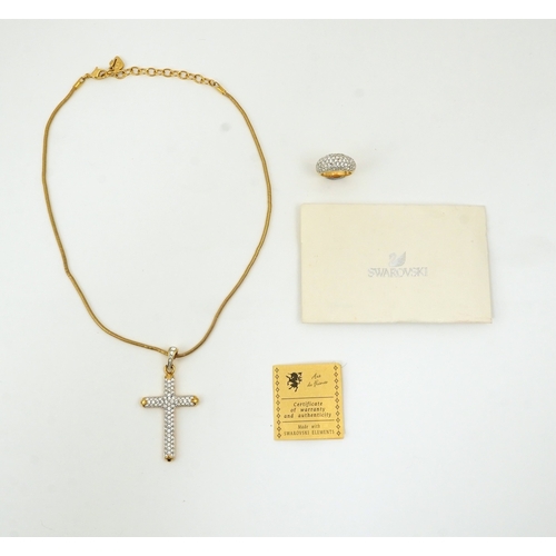 1287 - A Swarovski vintage cross necklace and ring.