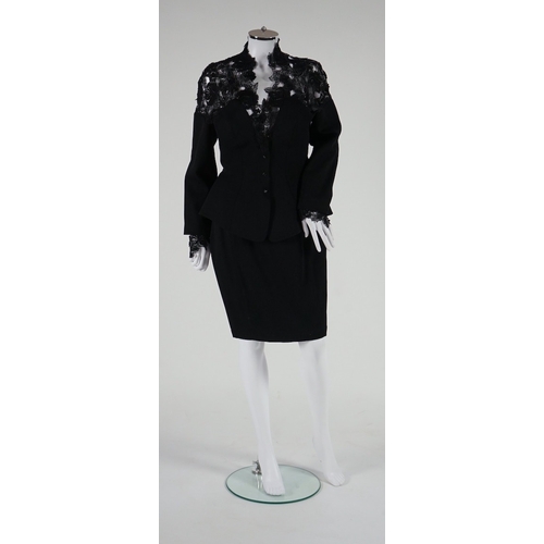 1292 - A vintage Thierry Mugler black skirt suit with lace detail Size 12-14