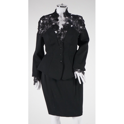 1292 - A vintage Thierry Mugler black skirt suit with lace detail Size 12-14