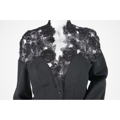 1292 - A vintage Thierry Mugler black skirt suit with lace detail Size 12-14