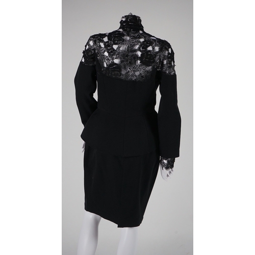 1292 - A vintage Thierry Mugler black skirt suit with lace detail Size 12-14