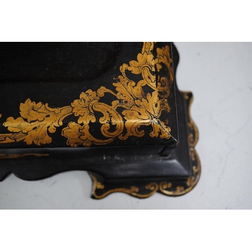 1350 - A Victorian black lacquer and gilt decorated two bottle inkstand with drawer. 36cm sided x 28cm deep... 