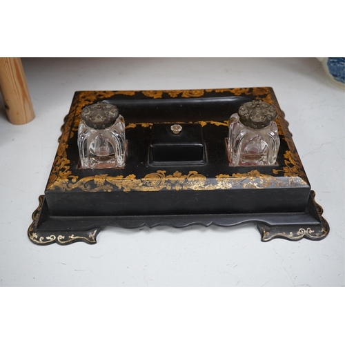 1350 - A Victorian black lacquer and gilt decorated two bottle inkstand with drawer. 36cm sided x 28cm deep... 