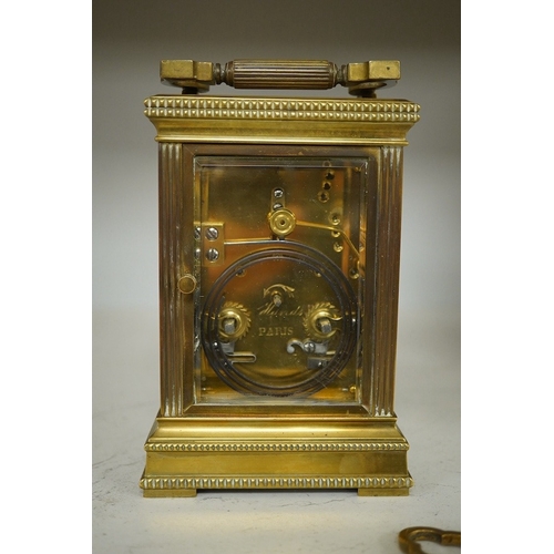 1355 - A French brass repeating carriage clock, engraved Paris to the backplate, 15cm high. Condition - goo... 