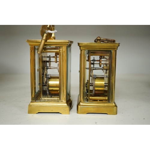 1361 - Two brass cased carriage timepieces, tallest 11cm. Condition - fair to good.