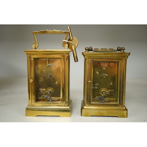 1361 - Two brass cased carriage timepieces, tallest 11cm. Condition - fair to good.