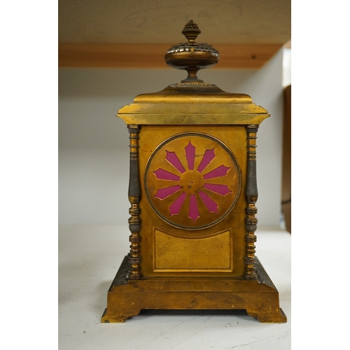 1364 - A late 19th century French brass mantel clock, 29cm high. Condition - fair.