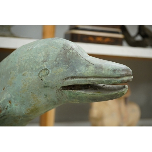 1370 - A patinated bronze dolphin group, 49cm high. Condition - some foxing to surface