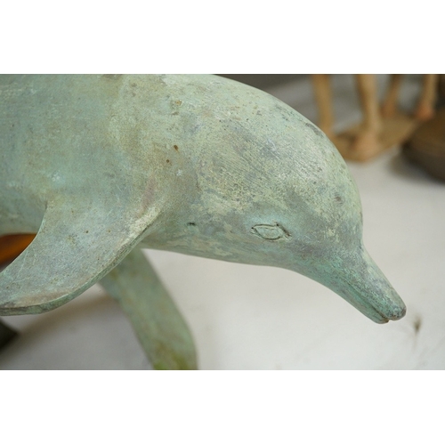 1370 - A patinated bronze dolphin group, 49cm high. Condition - some foxing to surface