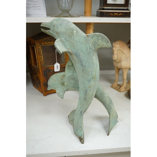 1370 - A patinated bronze dolphin group, 49cm high. Condition - some foxing to surface