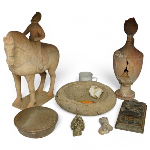 1371 - A group of antiquities- pottery and coins, including a later white glazed cup. Tallest 39cm high. Co... 