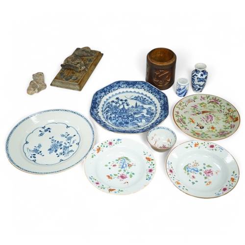 1373 - Nine items of mixed 18th century and later Chinese ceramics etc., largest plate 22.5cm diameter. Con... 