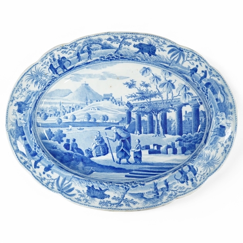 1376 - A 19th century Spode blue and white oval dish, with classical central scene and unusual elephant and... 