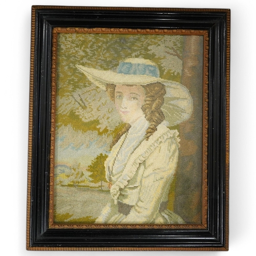 1377 - After Reynolds, a petite point embroidery portrait of a young lady wearing a large brimmed hat. 15.5... 