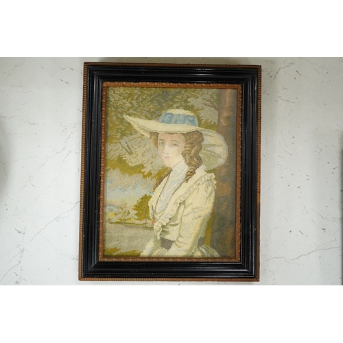 1377 - After Reynolds, a petite point embroidery portrait of a young lady wearing a large brimmed hat. 15.5... 