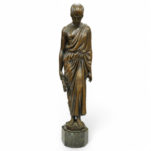 1379 - An early 20th century bronze figure of a classical maiden holding a laurel wreath, 46cm high. Condit... 