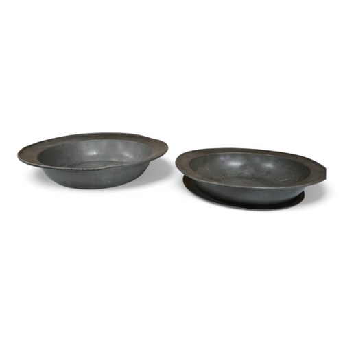 1385 - Two 18th century Dutch pewter bowls and a dish, largest 33cm high. Condition - fair, misshapen... 