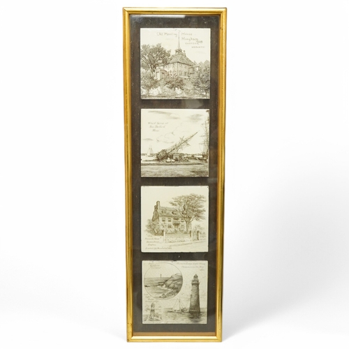 1386 - A set of four late 19th century Minton tiles, printed with scenes of Massachusetts, framed, 72.5cm h... 