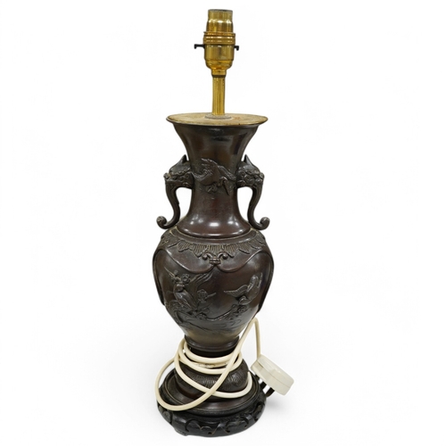 1389 - A Japanese bronze vase, converted to a lamp on carved wooden stand, 34.5cm high not including fittin... 