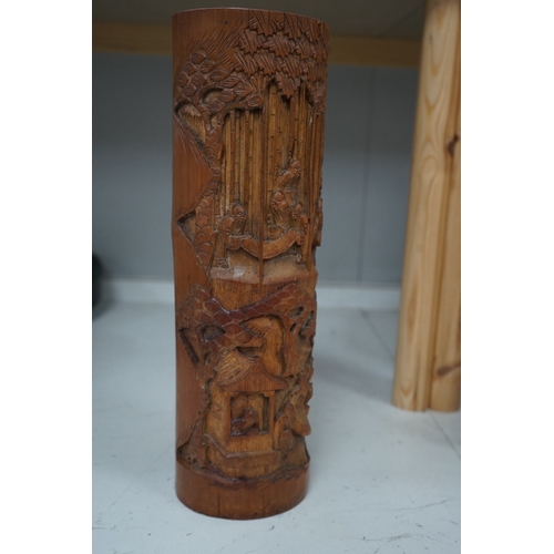 1394 - A Chinese cylindrical bamboo 'Sages' brushpot, 36cm high. Condition - good