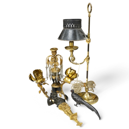 1395 - A bronze, ormolu and lustre candlestick, a bronze and ormolu cherub two branch sconce, a French bras... 