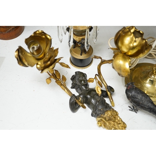 1395 - A bronze, ormolu and lustre candlestick, a bronze and ormolu cherub two branch sconce, a French bras... 