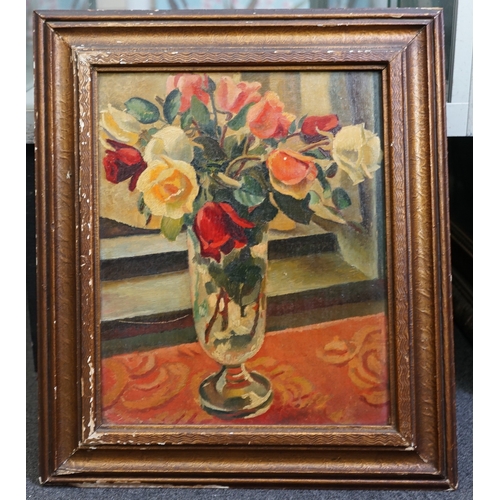 116 - § § Adrian Paul Allinson ROI (English, 1890-1959) Roses in a glass vaseoil on board40 x 32cm... 