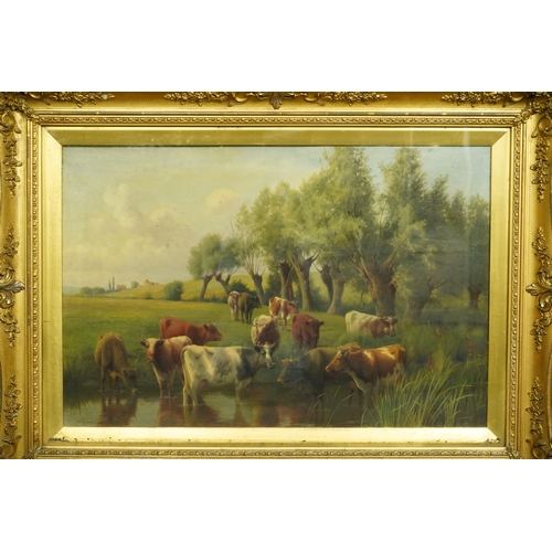 73 - William Sidney Cooper (English, 1854-1927) Cattle watering, willow trees beyondoil on canvassigned a... 