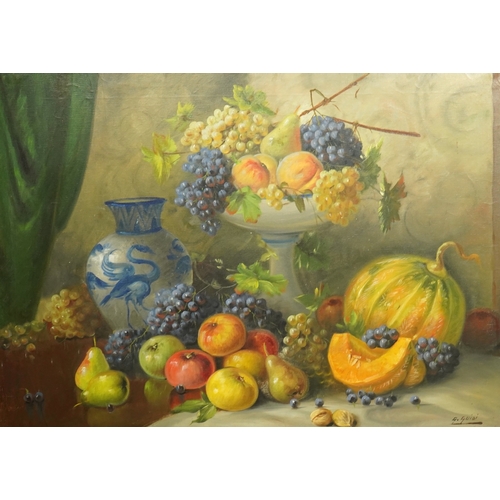 80 - G. Guidi Still life with a melon, grapes, pears, apples and walnutsoil on canvassigned67 x 94cm... 