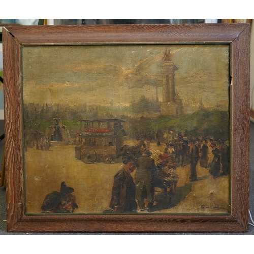 92 - Impressionist School Street scene with tram, fountain and triumphal archoil on canvasindistinctly si... 