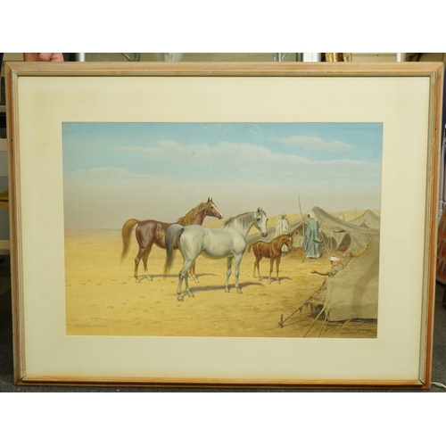 100 - John Alexander Harrington Bird (English, 1846-1936) Arabian horses before a desert encampmentwaterco... 