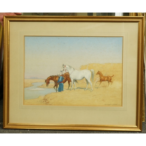 101 - John Alexander Harrington Bird (English, 1846-1936) Groom leading Arabian horses to waterwatercolour... 