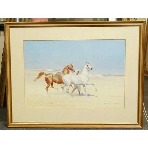 103 - John Alexander Harrington Bird (English, 1846-1936) Groom leading two Arabian horses, buildings beyo... 